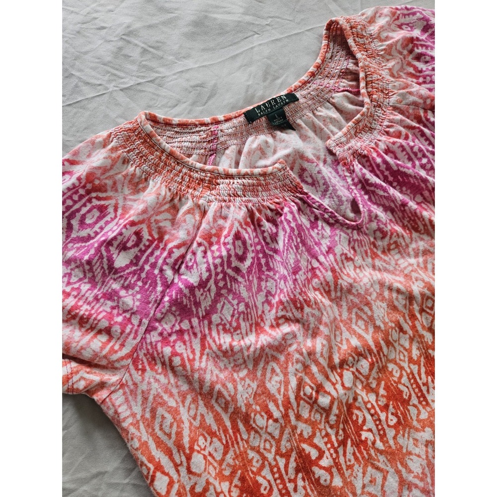 Lauren Ralph‎ Lauren Ikat Pink Orange Geometric Smocked Blouse Women's Large